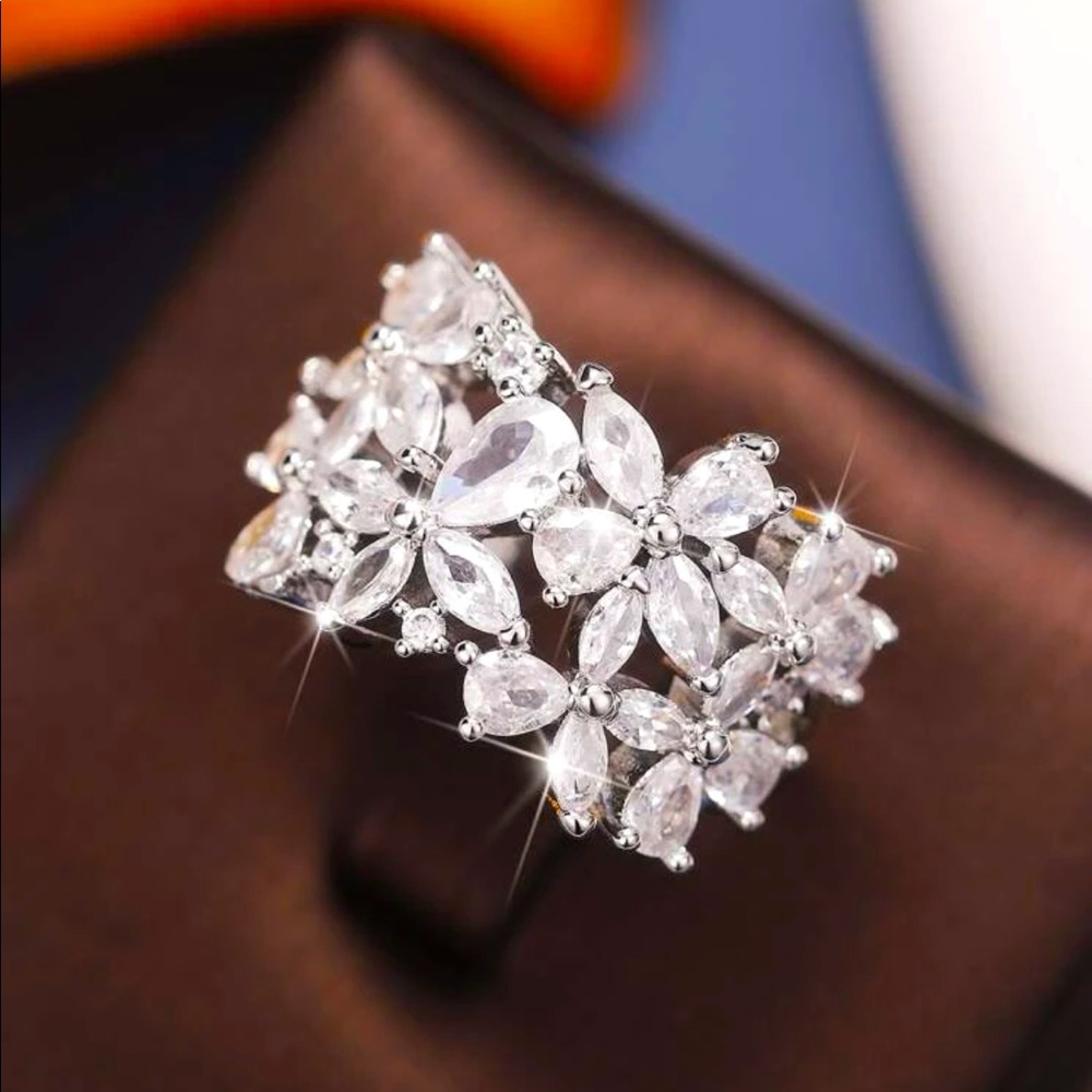 Wide Band Statement Ring Floral Arrangement CZ Stones